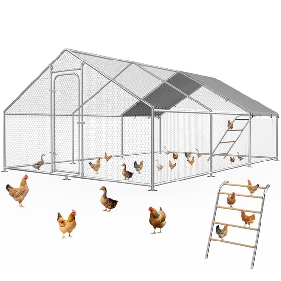 YOKWOK 19.7'Lx13'W Large Metal Chicken Coop, Walk-in Poultry Cage with Waterproof Cover, Climbing Frame, and Secure Lock, Heavy Duty Chicken Run for 10/15 Chickens, Outdoor Farm Use, Dome Roof