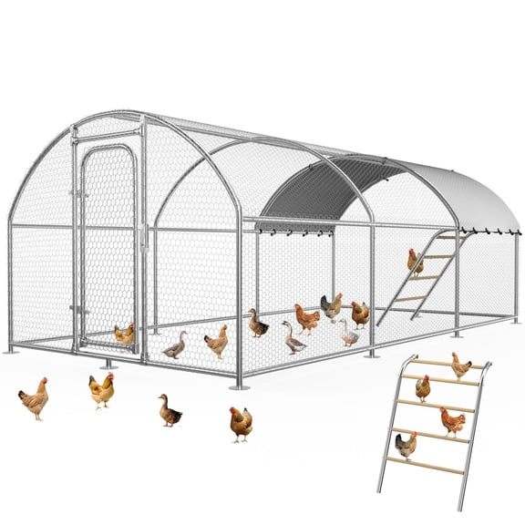 YOKWOK 19.7x10 ft Large Metal Chicken Coop with Climbing Frame, Outdoor Walk-in Poultry Cage Heavy Duty Chicken Runs Hen House with Waterproof Anti-UV Cover for Yard and Outdoor Farm, Dome Roof