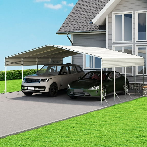 YOKWOK 20'x20' Heavy Duty Metal Carport, Reinforced Frame and Roof for All-Weather, Outdoor Galvanized Car Port with Enhanced Base for Car, Boats, Beige