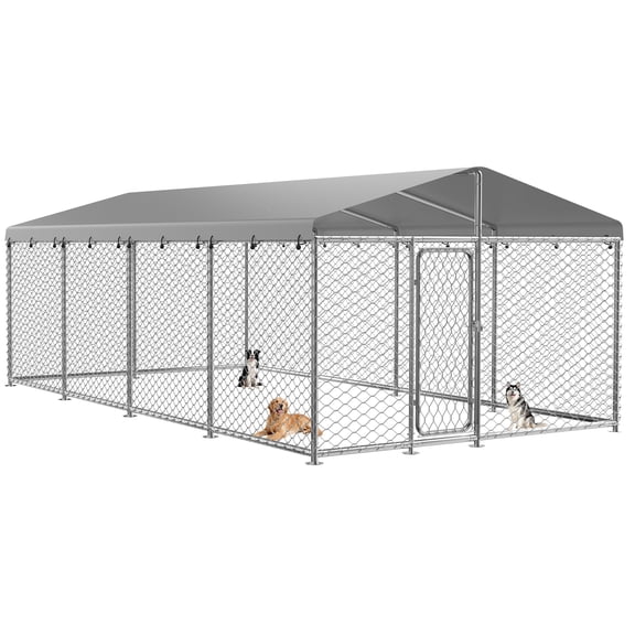 YOKWOK 20x10ft Large Outdoor Dog Kennel, Heavy Duty Galvanized Steel Dog Enclosure, Chew Proof Metal Fence with Secure Lock Gate, Waterproof UV Sun Resistant Roof Cover