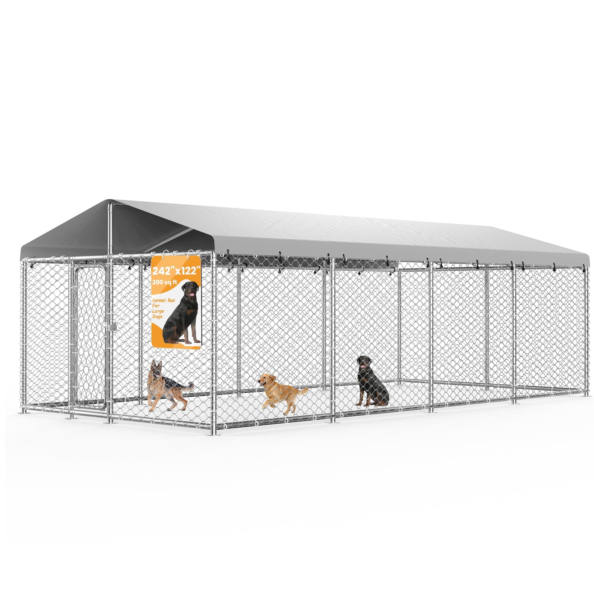 YOKWOK 20x10ft Outdoor Dog Kennel Heavy Duty Metal Dog Pet Enclosure, with Galvanized Steel Fence and Metal Gate, UV Waterproof Sun Resistant Roof Cover and Secure Lock