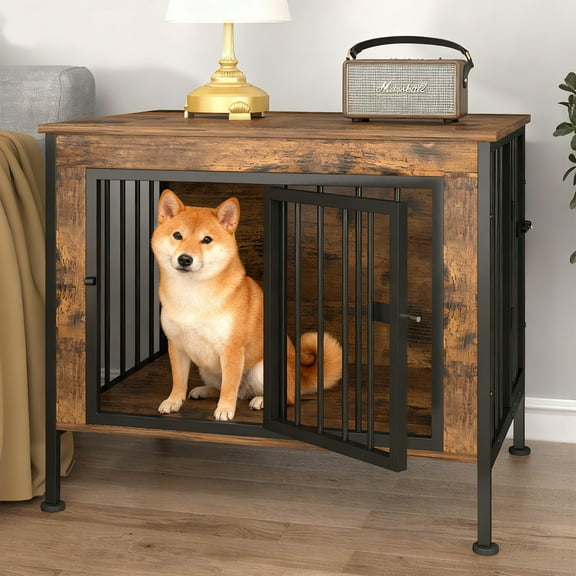 YOKWOK 32" 2-In-1 Dog Crate Furniture for Small Dogs, Indoor Iron-Wood Dog Cage with Waterproof Top & Safety Corners & Steel Lock, Brown