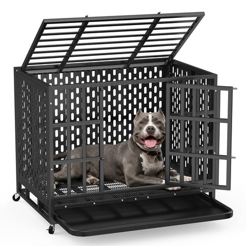 YOKWOK 38 Inch Heavy Duty Dog Crate for Small Dogs, Indestructible Chew-Proof & Escape-Proof Dog Cage for High Anxiety Dogs, Steel Dog Kennel with Locking Wheels & Removable Tray, Black