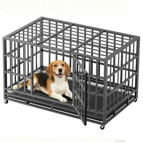 YOKWOK 38" Heavy Duty Dog Crate, Steel Escape Proof Dog Cage Kennel, Indestructible High Anxiety Dog Crate for Outdoor & Indoor with Lock and Wheels, Double Door & Removable Tray, Black