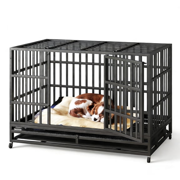 YOKWOK 38" Heavy Duty Dog Crate, Steel Escape Proof Dog Cage Kennel, Indestructible High Anxiety Dog Crate for Outdoor & Indoor with Lock and Wheels, Double Door & Removable Tray, Black