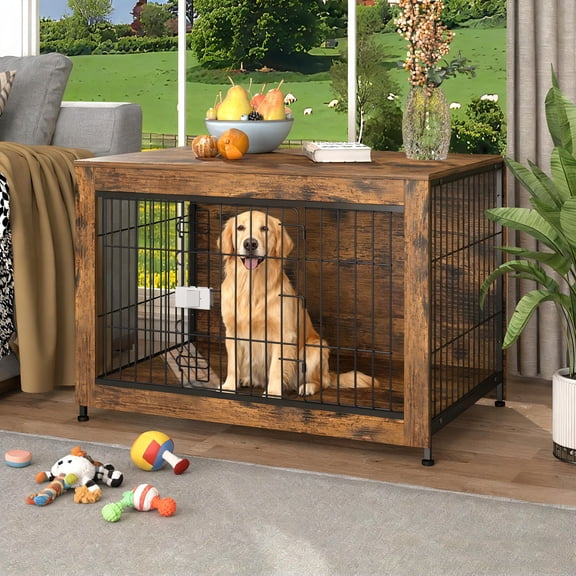 YOKWOK 38 Inch Wooden Dog Crate Furniture, Heavy Duty Dog Kennel with Secure Lock & Double Door, Sturdy Metal Pet Cage Indoor Use, Chew Resistant Dog House for Large Dogs, Rustic Brown