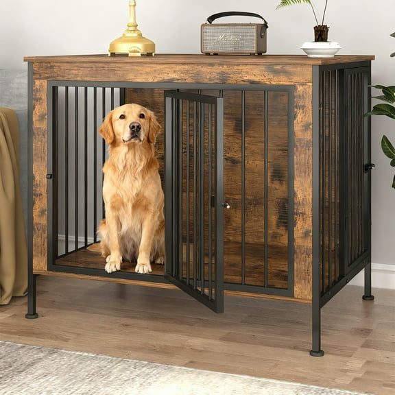YOKWOK 40" Wooden Dog Crate Furniture for Medium and Small Breed with Steel Lock, Chew-Resistant Dog Kennel Furniture Indoor with 2 Doors and 3.94" Raised Feet, Brown