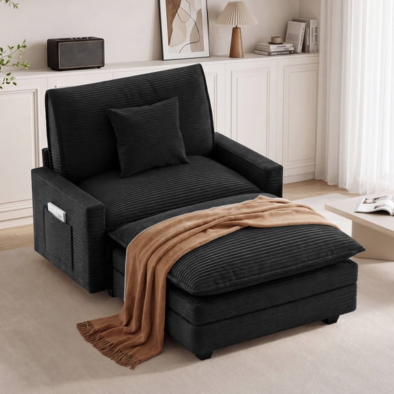 YOKWOK 41.3" Modular Single Lounge Chair, Corduroy Single Seater Sofa with Ottoman and Pillow, Black