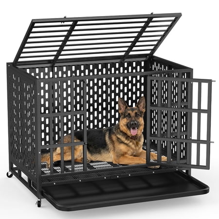 YOKWOK 42 Inch Heavy Duty Indestructible Dog Crate Cage, Chew Proof & Escape-Proof XL Kennel for High Anxiety Large Dogs, with Locking Wheels and Removable Tray for Indoor & Outdoor Use, Black