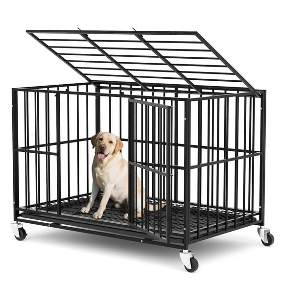 YOKWOK 42" Heavy Duty Dog Crate  for Medium Dogs, Chew Proof & Escape Proof for High Anxiety Dogs, with Double Doors, Lockable Wheels, Removable Tray, Indoor/Outdoor Use