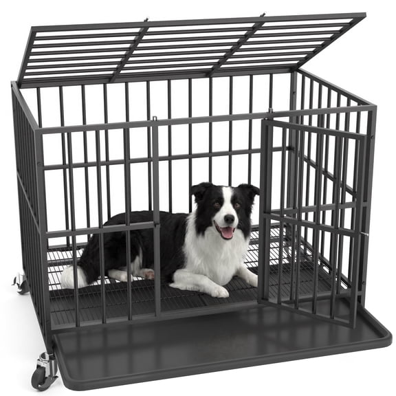YOKWOK 42 Inch Heavy Duty Dog Crate for Medium Dogs, Chew Proof & Escape Proof for High Anxiety Dogs, with Double Doors, Lockable Wheels, Removable Tray, Indoor/Outdoor Use