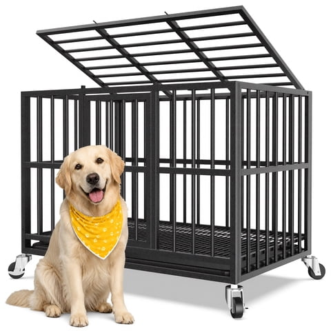YOKWOK 42 Inch Heavy Duty Dog Crate for Medium Dogs, Chew Proof & Escape Proof for High Anxiety Dogs, with Double Doors, Lockable Wheels, Removable Tray, Indoor/Outdoor Use