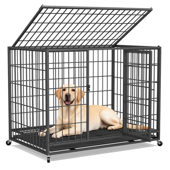YOKWOK 42 Inch Heavy Duty Wire Dog Crate with Removable Tray & Wheels for Indoor Use, Indestructible Chew & Escape Proof Metal Dog Cage for High Anxiety Medium/Large Dogs, Black