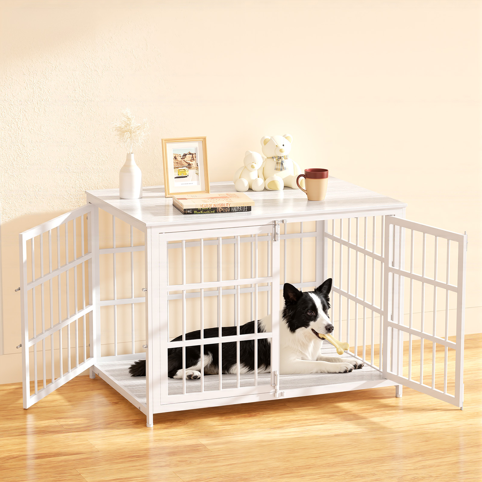 YOKWOK 42" Wooden End Table Dog Crate Furniture with Multiple Secure ...