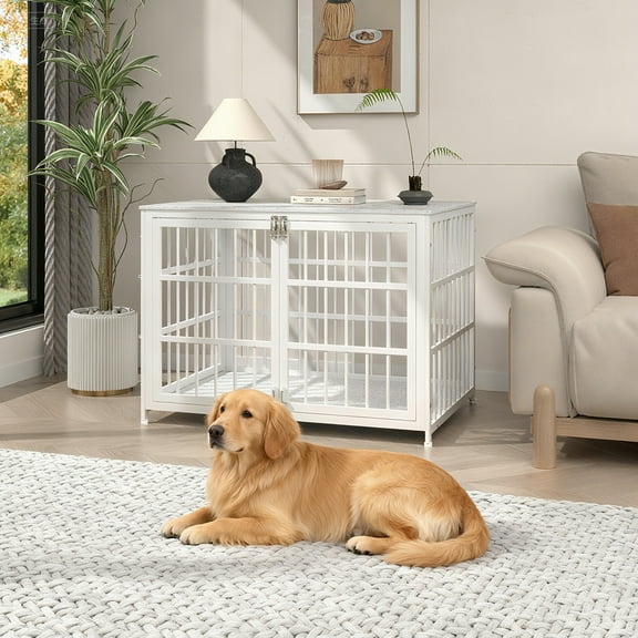 YOKWOK 42 Inch Wooden End Table Dog Crate Furniture with Multiple Secure Locks, Top Storage Design, Heavy Duty Indoor Dog Kennel for Small/Medium Dogs, Decorative Pet Cage for Home Use, White