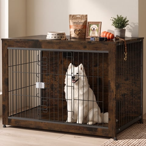 YOKWOK 43 Inch Wooden Dog Crate Furniture, XL Heavy Duty Dog Kennel with Secure Lock & Double Door, Sturdy Metal Pet Cage Indoor Use, Chew Resistant Dog House for Large Dogs, Rustic Brown