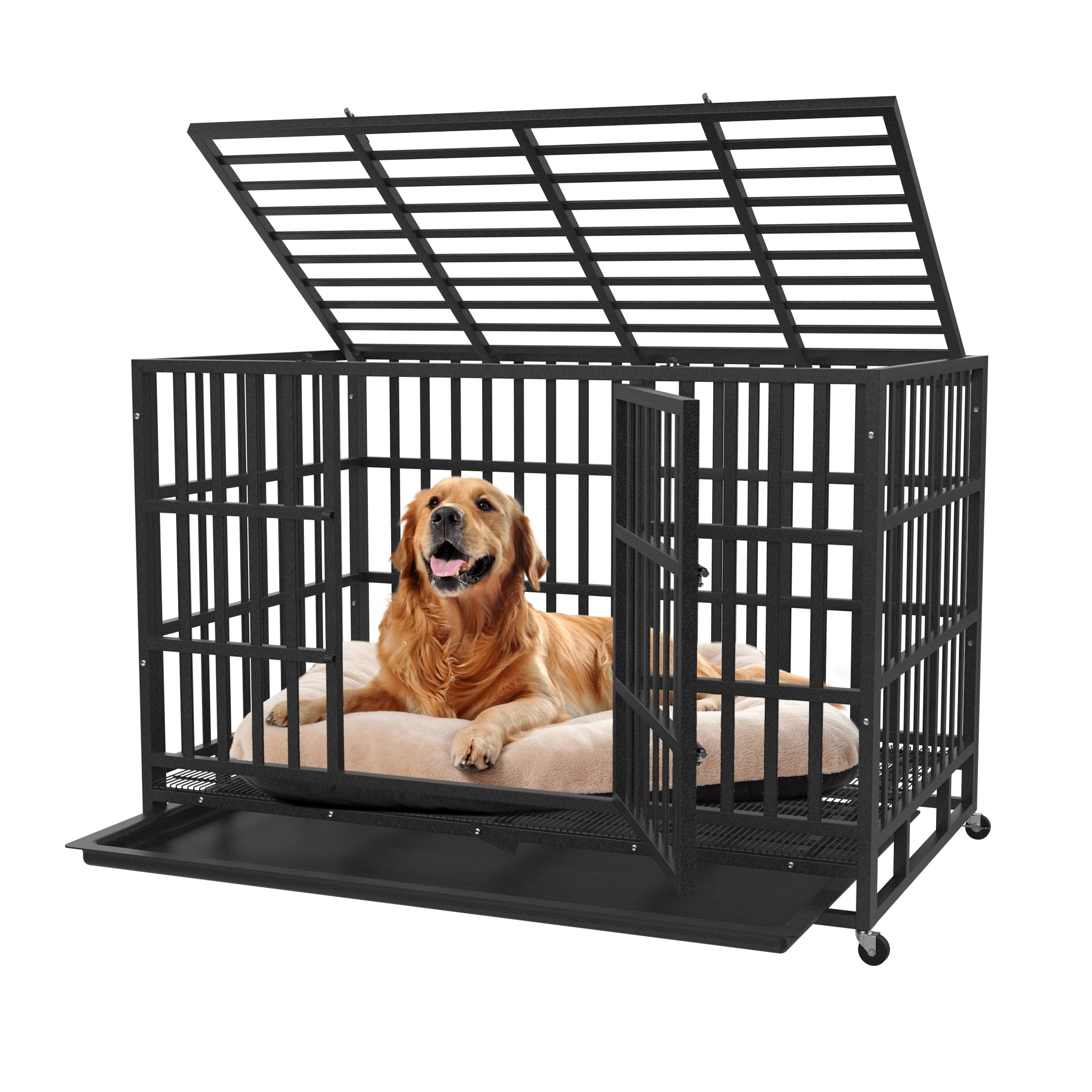 YOKWOK 48 Inch Heavy Duty Dog Crate for Large Dogs, Indestructible Chew Proof Steel Escape Proof Dog Cage for High Anxiety, XL Metal Dog Kennel with Locking Wheels and Removable Tray