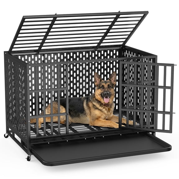 YOKWOK 48 Inch Heavy Duty Indestructible Dog Crate Cage, Chew Proof & Escape-Proof XL Kennel for High Anxiety Large Dogs, with Locking Wheels and Removable Tray for Indoor & Outdoor Use, Black