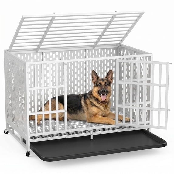 YOKWOK 48 Inch Heavy Duty Indestructible Dog Crate Cage, Chew Proof & Escape-Proof XL Kennel for High Anxiety Large Dogs, with Locking Wheels and Removable Tray for Indoor & Outdoor Use, White