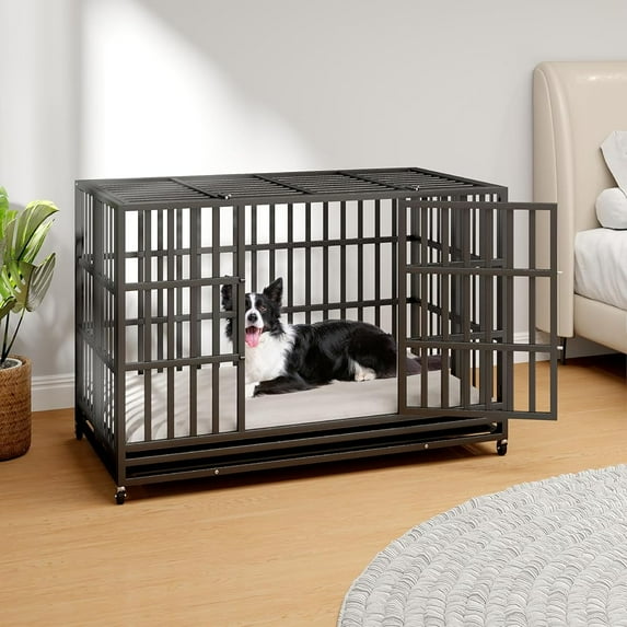 YOKWOK 48" Heavy Duty Double Dog Crate, Steel Foldable Dog Cage with 4 Locking Wheels, Openable Top, Removable Trays, Chew Proof Dog Kennel for Large Dogs, Black