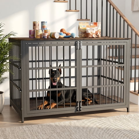 YOKWOK 48 Inch Heavy Duty Dog Crate Furniture, XL Large Dog Kennel with 6 Locks & & Double Door, Escape-Proof Indoor Dog Cage for Large Dogs, Chew Resistant Metal Dog House, Brown