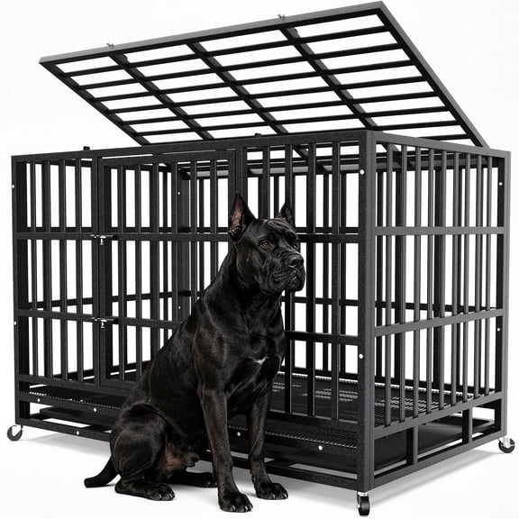YOKWOK 48 Inch Heavy Duty Dog Crate, Indestructible Steel Chew & Escape Proof Dog Cage for Large High Anxiety Dogs, XL Metal Dog Kennel with Locking Wheels, Removable Tray, Double-Doors, Black
