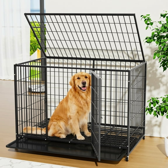 YOKWOK 48 Inch Heavy Duty Wire Dog Crate for Large Dogs, Indestructible Metal High Anxiety Escape Proof Cage with Wheels & Removable Tray, Double-Door Design, XL Dog Kennel for Indoor
