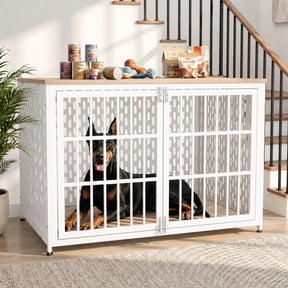 YOKWOK 48 Inch Large Furniture-Style Dog Crate, Heavy Duty Chew-Proof Metal Dog Cage with Water Resistant Wooden Top & Double Lock Doors, XL Indoor Dog Kennel for Large Dogs, White