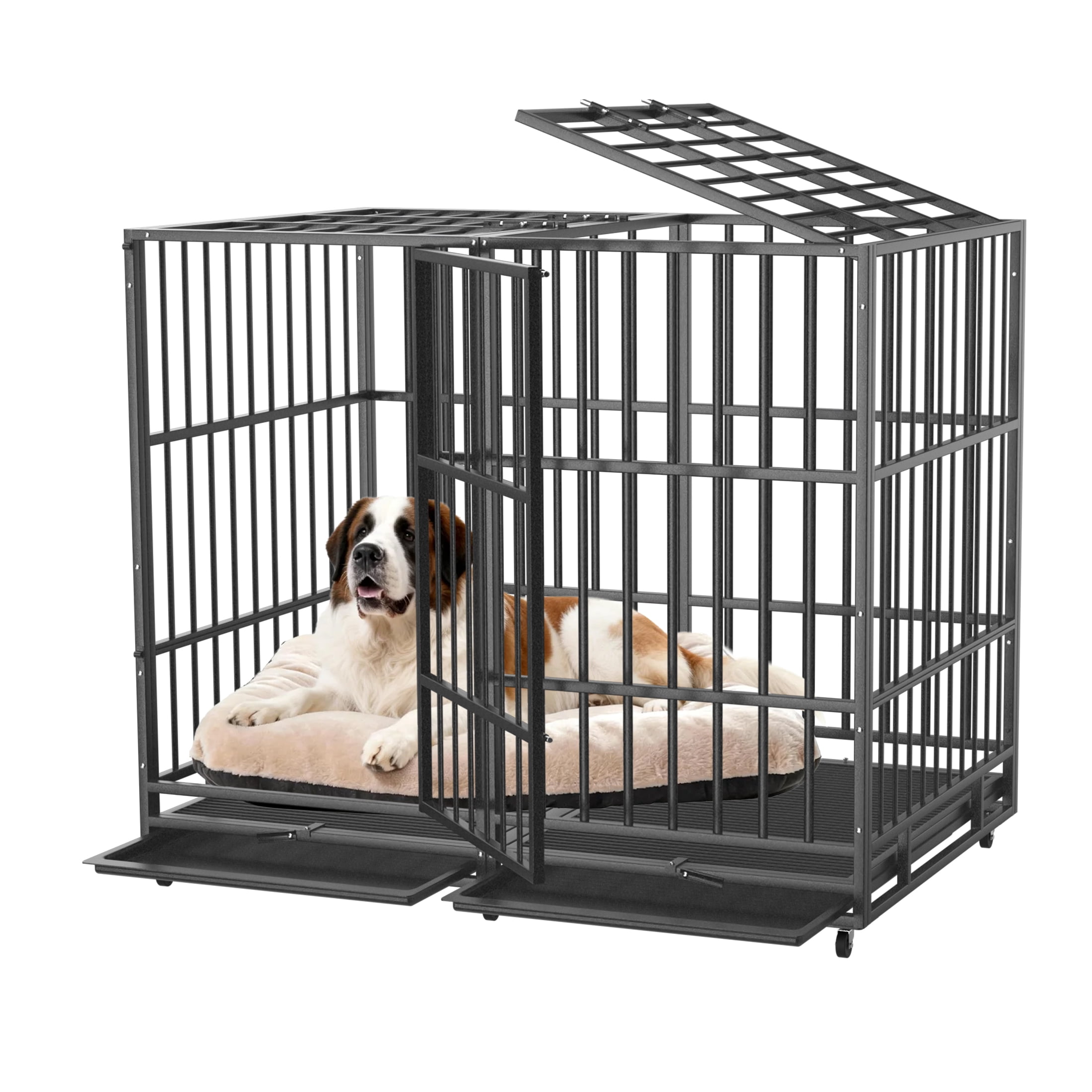 YOKWOK 54 Inch Heavy Duty Dog Crate for Large Dogs, Chew Proof & Escape Proof for High Anxiety Dogs, with Double Doors, Lockable Wheels, Removable Tray, Indoor/Outdoor Use, Black