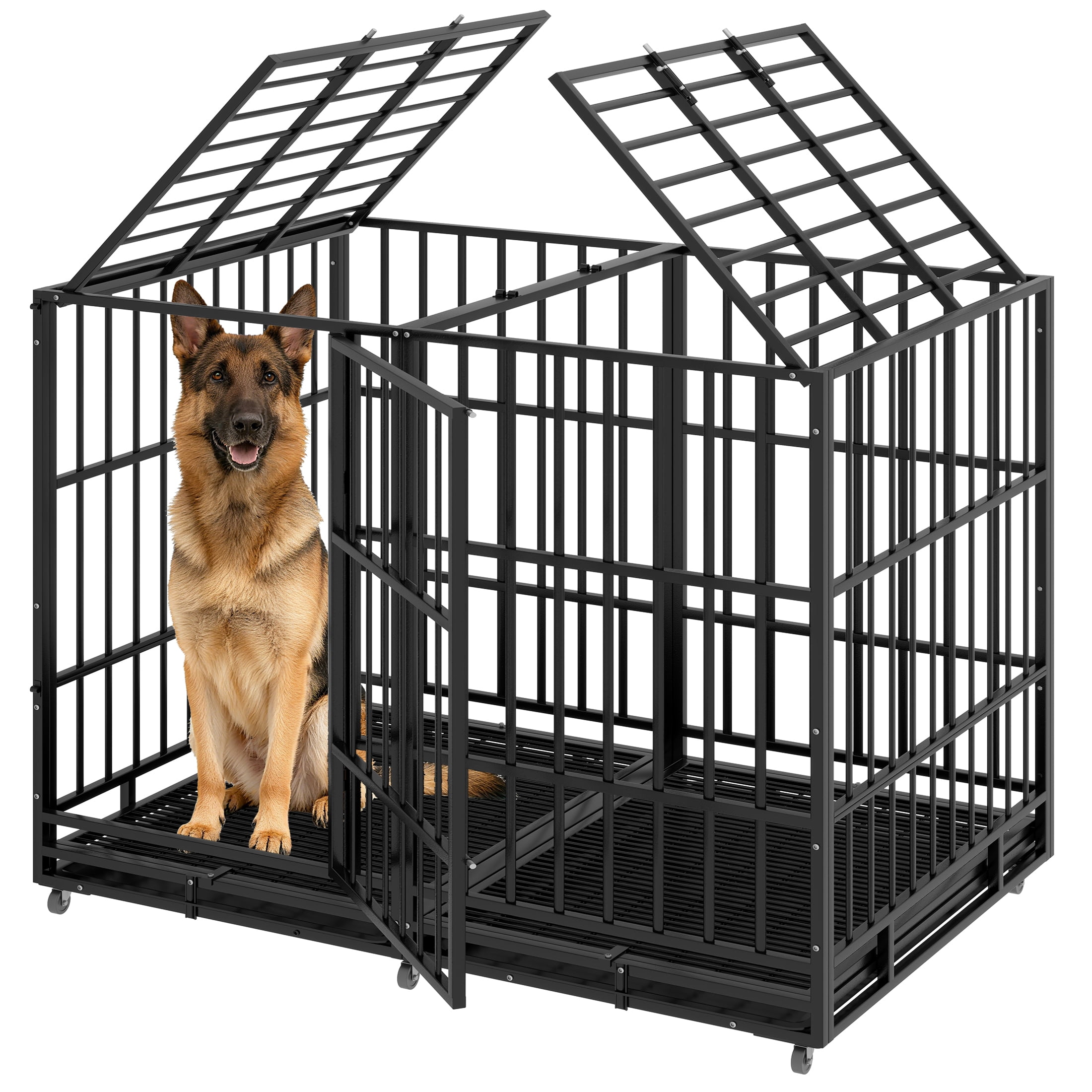 YOKWOK 54 Inch Heavy Duty Dog Crate, Indestructible Steel Chew & Escape Proof Dog Cage for Large High Anxiety Dogs, XXL Metal Dog Kennel with Locking Wheels, Removable Tray, Indoor Use