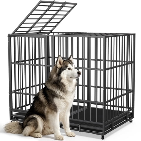 YOKWOK 54 Inch Heavy Duty Dog Crate, Indestructible Steel Chew & Escape Proof Dog Cage for Large High Anxiety Dogs, XXL Metal Dog Kennel with Locking Wheels, Removable Tray, Indoor Use
