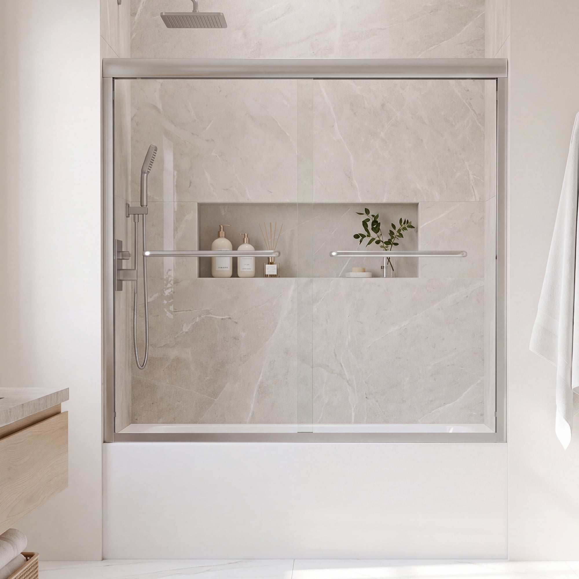 YOKWOK 56-60" W x 57" H Adjustable Sliding Shower Door, 1/4" (6mm) Clear Tempered Glass, Reversible Double Sliding Glass Shower Door, Dry-Wet Separation Design for Bathroom Use, Silver