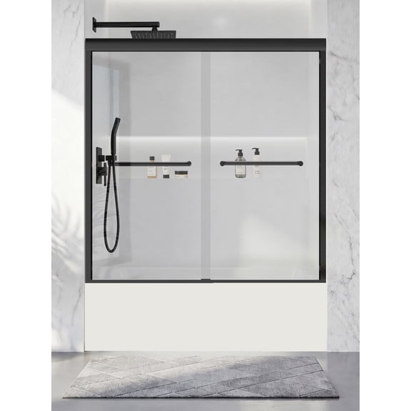 YOKWOK 56-60" W x 57" H Adjustable Sliding Shower Door, 1/4" (6mm) Clear Tempered Glass, Reversible Double Sliding Glass Shower Door, Dry-Wet Separation Design for Bathroom Use, Black