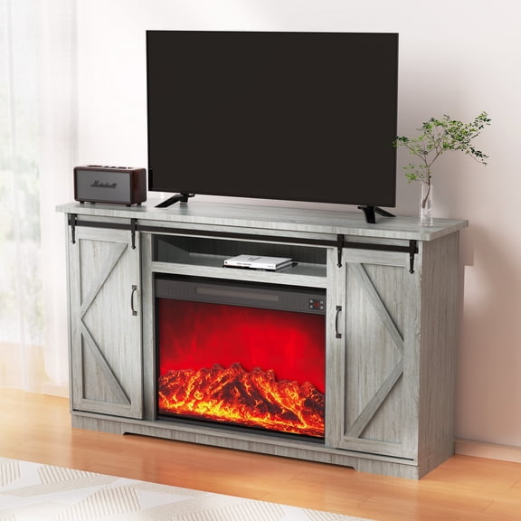 YOKWOK 62" Fireplace TV Stand with 23.6" Electric Fireplace, Farmhouse Rustic Wooden Entertainment Center for TVs up to 65" with Storage and Remote, Sliding Barn Door Design, Gray