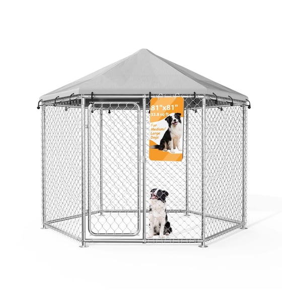 YOKWOK 6.8x6.8ft Large Outdoor Dog Kennel, Heavy Duty Dog Kennel with Anti-Rust Wire, Waterproof Roof Cover, Security Lock & Metal Gate for Large Dogs, Backyard, Farm, Outside Use