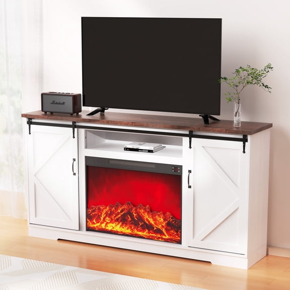 YOKWOK 70" Fireplace TV Stand with 23.6" Electric Fireplace, Farmhouse Rustic Wooden Entertainment Center for TVs up to 75" with Storage and Remote, Sliding Barn Door Design, White