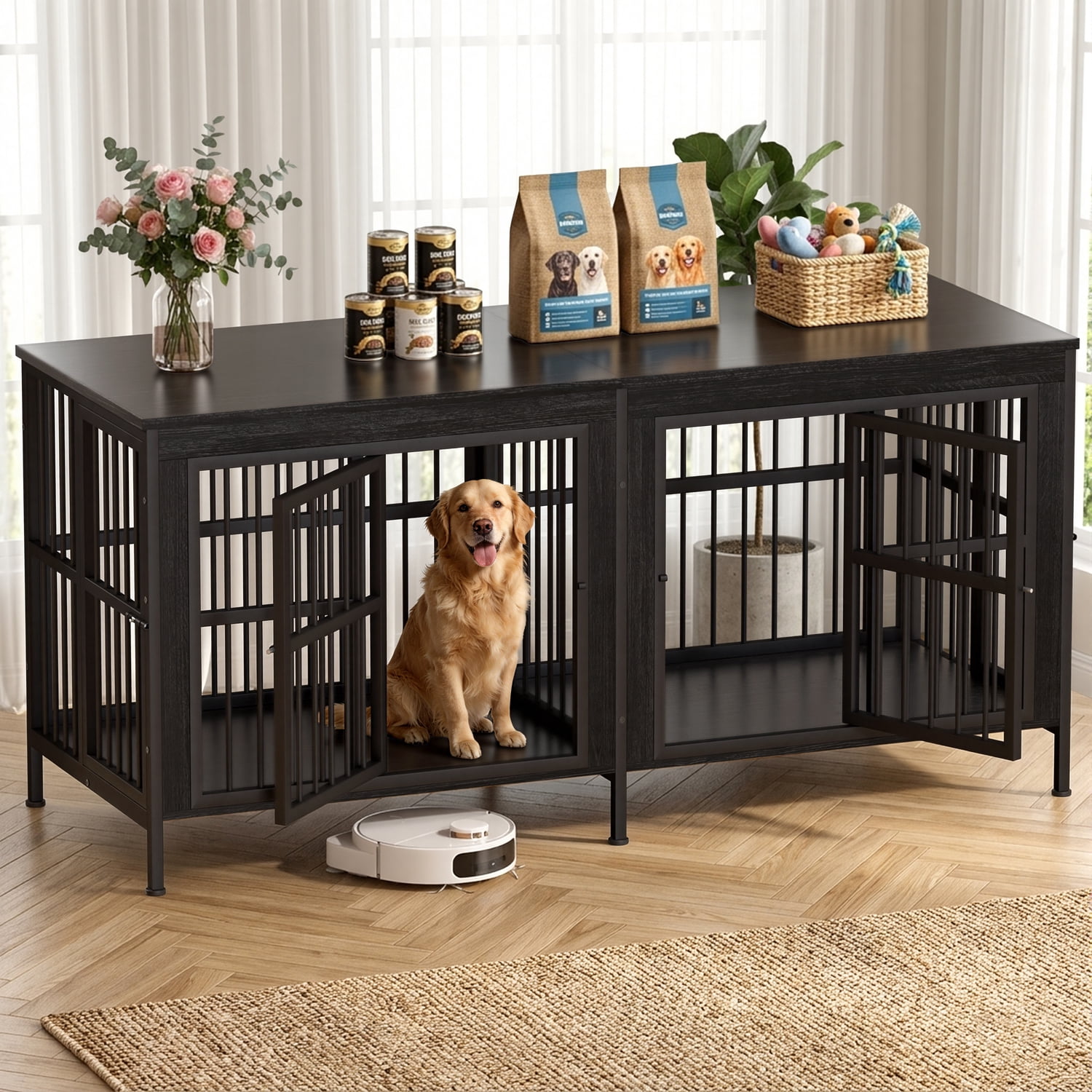 YOKWOK 78 Inch Dog Crate Furniture for Medium/Large Dogs with Removable Divider, Double-Doors Dog Kennel Furniture,Thick Wooden Dog Cage Furniture, Black