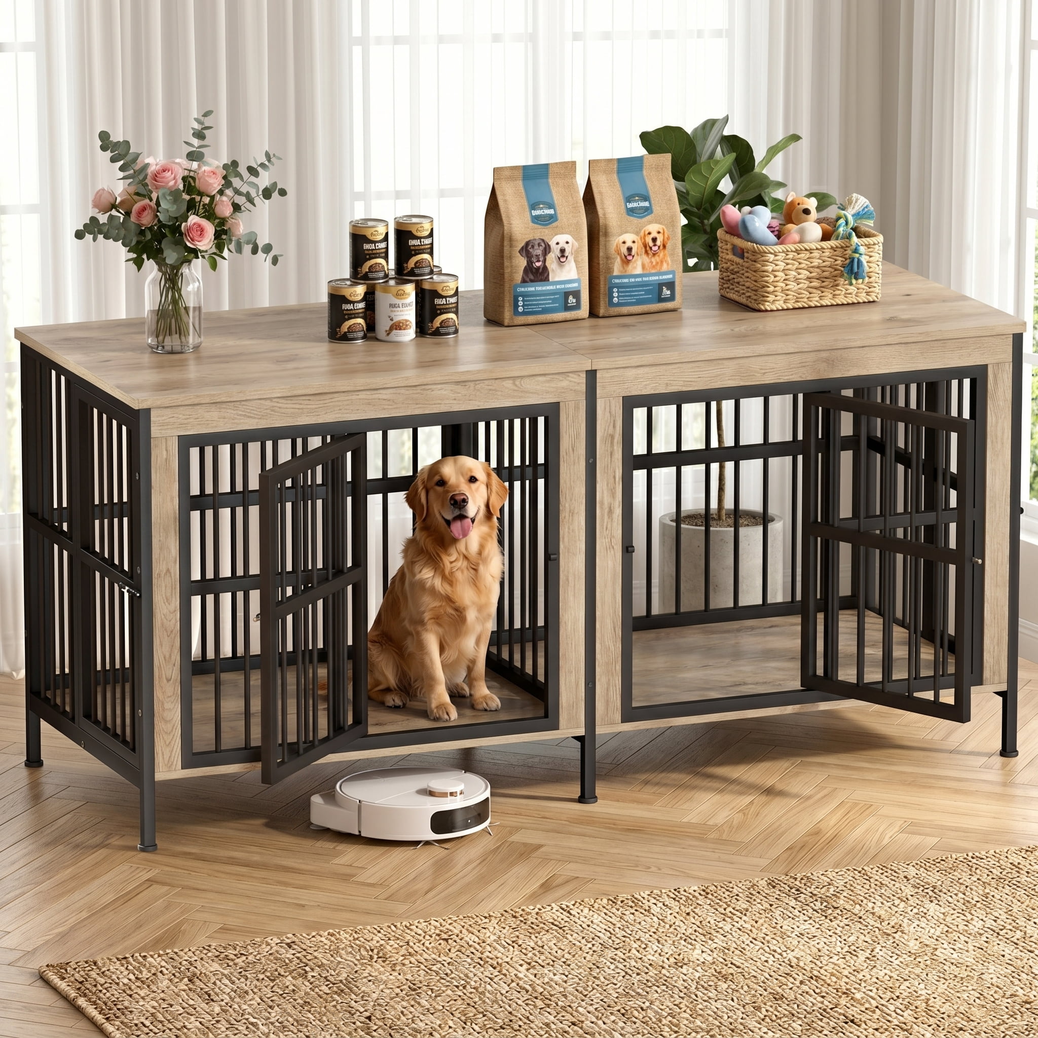 YOKWOK 78 Inch Dog Crate Furniture for Large Dogs with Removable Divider, Double-Doors Dog Kennel Furniture, Thick Wooden Dog Cage Furniture, Ivory