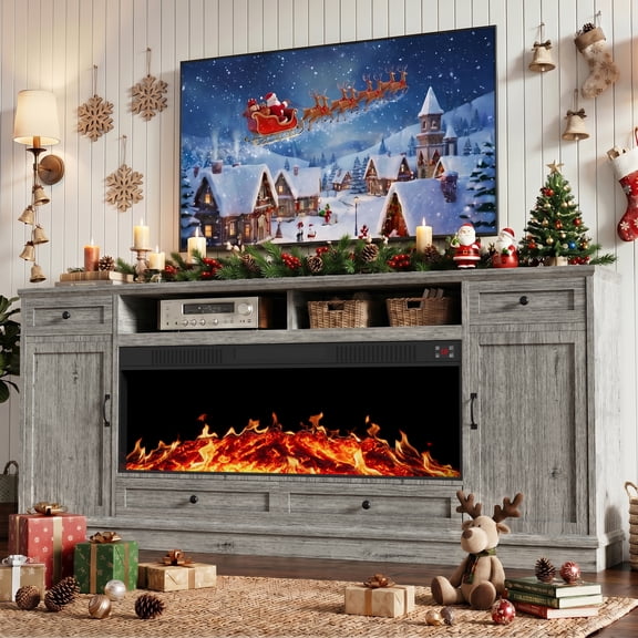 YOKWOK 80" Fireplace TV Stand with 47" Fireplace Insert Heater, Farmhouse TV Stand for TVs up to 85", Entertainment Center Media Console for Living Room, Gray