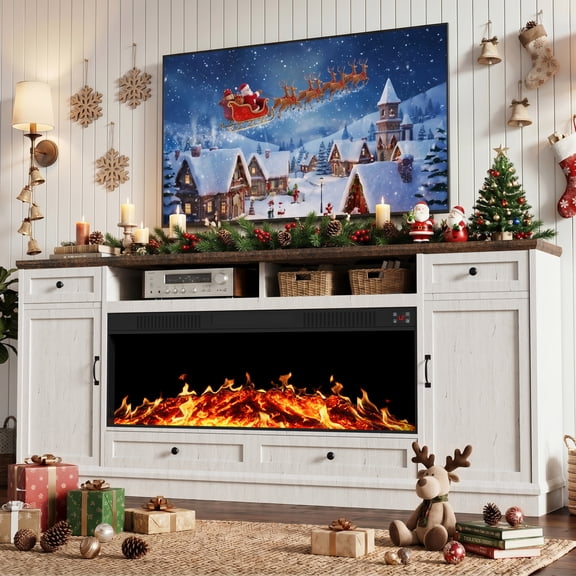 YOKWOK 80" Fireplace TV Stand with 47" Fireplace Insert Heater, Farmhouse TV Stand for TVs up to 85", Entertainment Center Media Console for Living Room, White