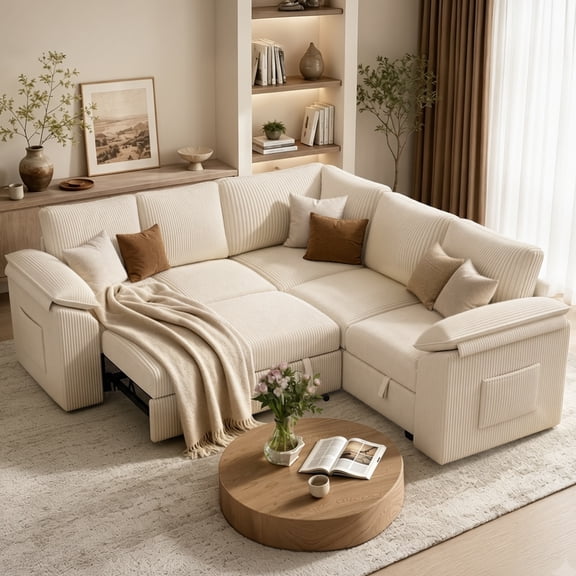 YOKWOK 85.4 Inch Convertible Sectional Sofa for Living Room, Large L-Shaped 5 Seat Plush Ribbed Fabric Sofa with Pull Out Couch Bed, 3-In-1 Sleeper Sofa Bed with Hidden Storage Space, Beige