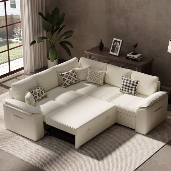 YOKWOK 85.4" Convertible Sectional Sofa for Living Room, Large L-Shaped 5 Seat Plush Ribbed Fabric Sofa with Pull Out Couch Bed, 3-In-1 Sleeper Sofa Bed with Hidden Storage Space, Beige