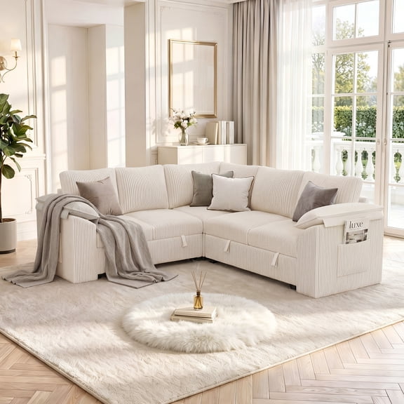 YOKWOK 85.4 Inch Convertible Sectional Sofa for Living Room, Large L-Shaped 5 Seat Plush Ribbed Fabric Sofa with Pull Out Couch Bed, 3-In-1 Sleeper Sofa Bed with Hidden Storage Space, Beige