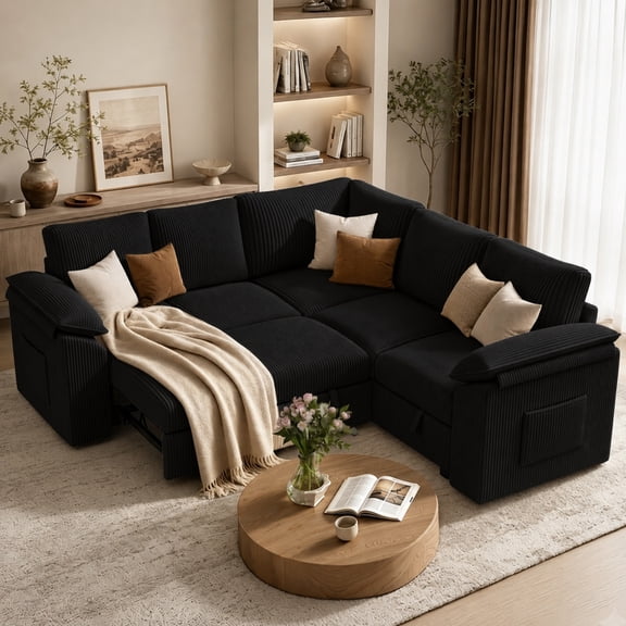 YOKWOK 85.4" Convertible Sectional Sofa for Living Room, Large L-Shaped 5 Seat Plush Ribbed Fabric Sofa with Pull Out Couch Bed, 3-In-1 Sleeper Sofa Bed with Hidden Storage Space, Black