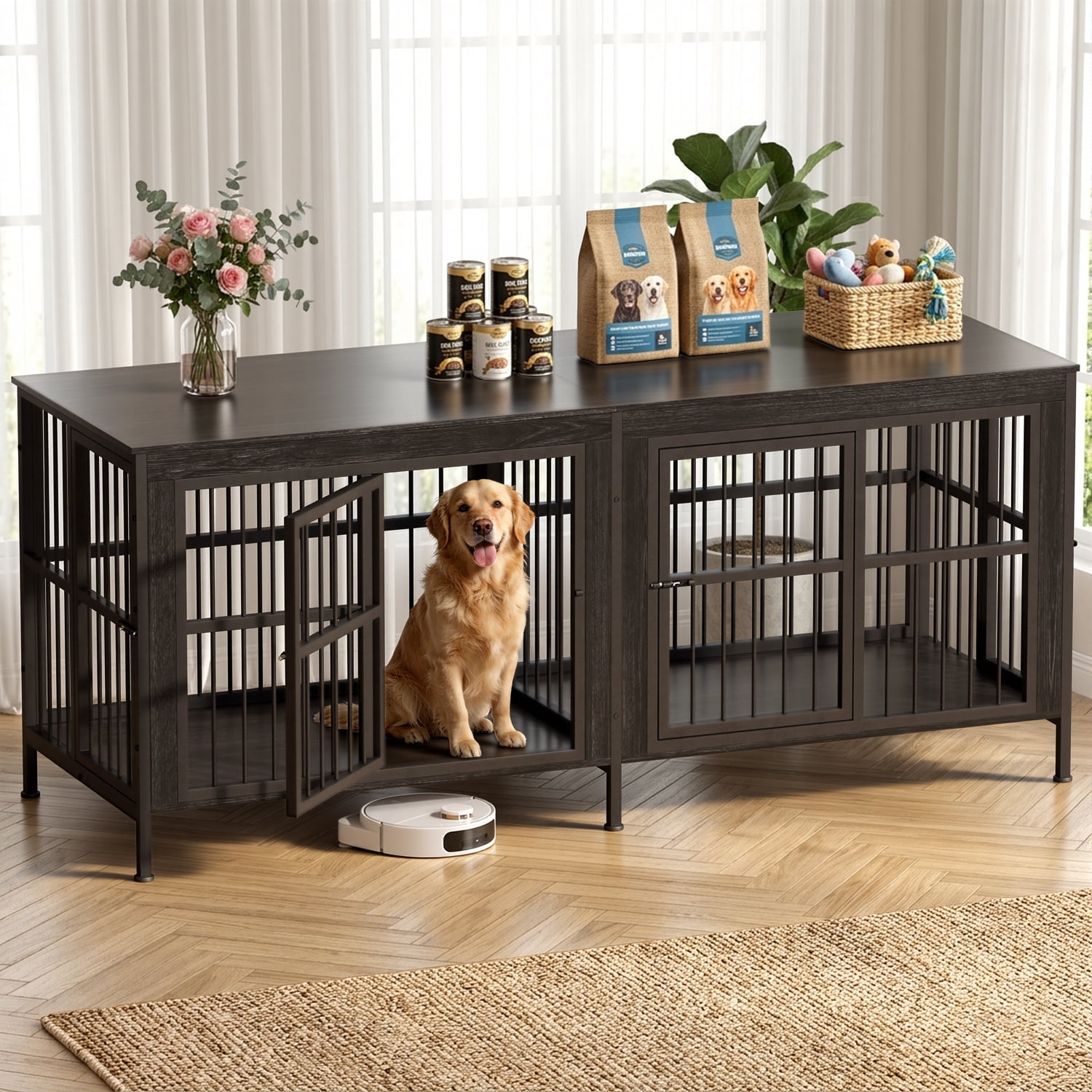 YOKWOK 88 Inch Dog Crate Furniture for Large Dogs with Sturdy Removable Divider, 3-In-1 Extra Large Double Doors Dog Kennel, XXL Thick Wooden Dog Cage Furniture, Black