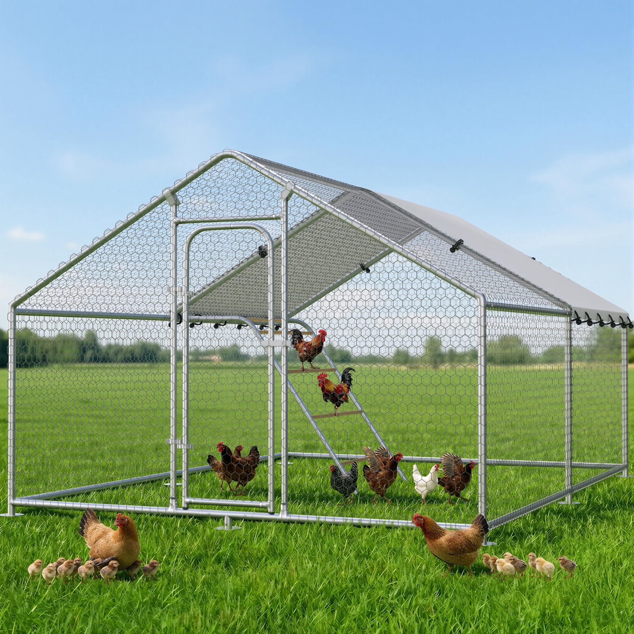 YOKWOK 9.8‘Lx10'W Large Metal Chicken Coop with Climbing Frame, Outdoor Walk-in Poultry Cage Heavy Duty Chicken Runs Hen House with Waterproof Anti-UV Cover for Yard and Outdoor Farm, Spire Roof