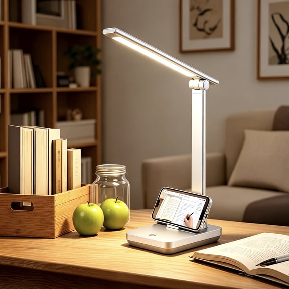 YOKWOK Adjustable LED Desk Lamps, 15W 96 LED Beads 550 Lumens Soft Glow Eye Protection Reading Light, Built-in USB Charging Station, Dimmable Lighting for Home Office, Study, College Dormitory, White