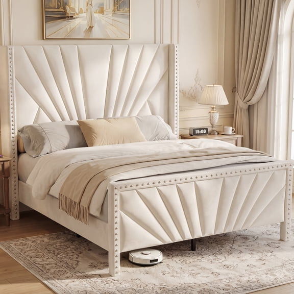 YOKWOK King Bed Frame with 55" High Upholstered Headboard, Platform Metal Bed Frame with Nailhead Trim Decor, Solid Wood Slats Supports, No Box Spring Needed, Easy Assembly, White