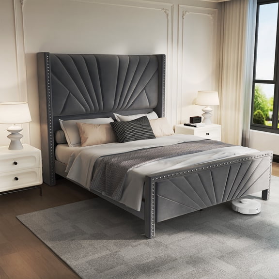 YOKWOK Queen Bed Frame with 55" High Upholstered Headboard, Platform Metal Bed Frame with Nailhead Trim Decor, Solid Wood Slats Supports, No Box Spring Needed, Easy Assembly, Dark Grey