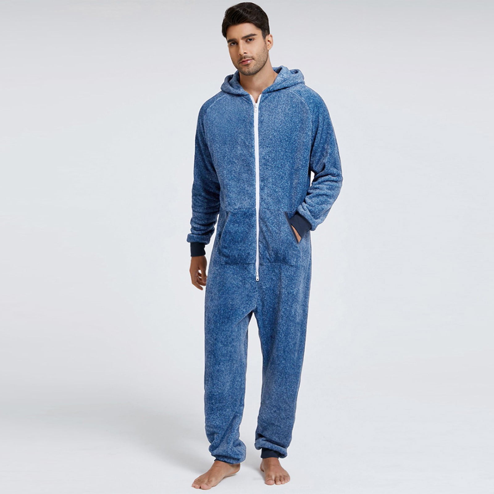 fartey Hooded Jumpsuits for Men Solid Color Fleece One Piece Pajamas Warm Pockets Long Sleeve Full Zip Plus Size Sleepwear S 5XL Walmart